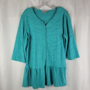 Southern Lady Turquoise Blue Textured 3/4 Sleeve Peplum Tunic Top Women Medium